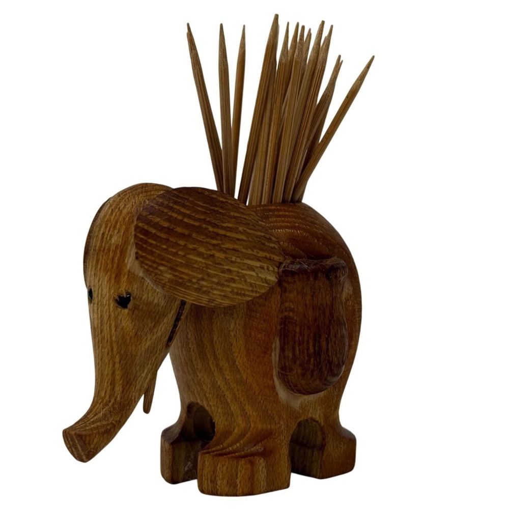 Vintage MCM Elephant Toothpick Holder, Wood Bar Cart Pick Holder (F)